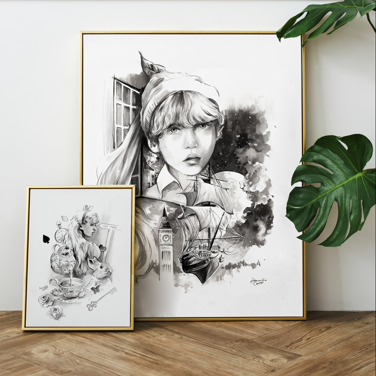 gold-photo-frame-by-houseplant-wooden-floor